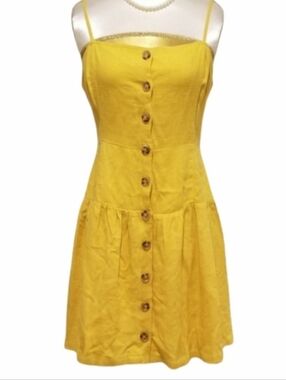 Urban Outfitters Mustard Yellow Button-Front Spaghetti Strap Mini Dress